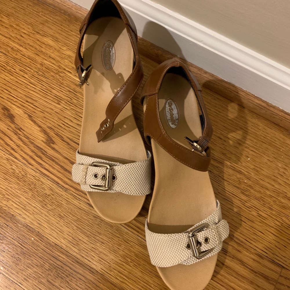 Brown and beige wedge sandals
